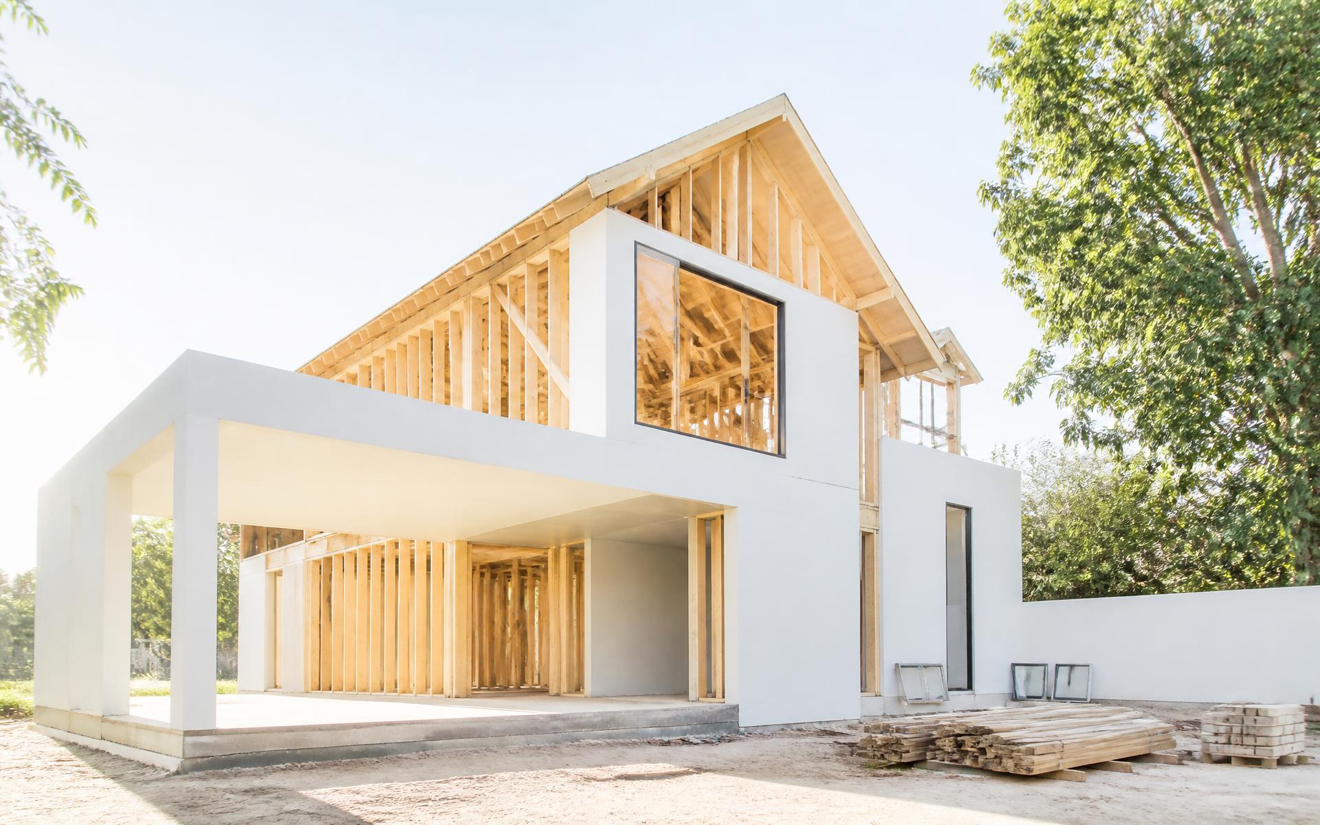 Sunlit timber frame of a new residential build