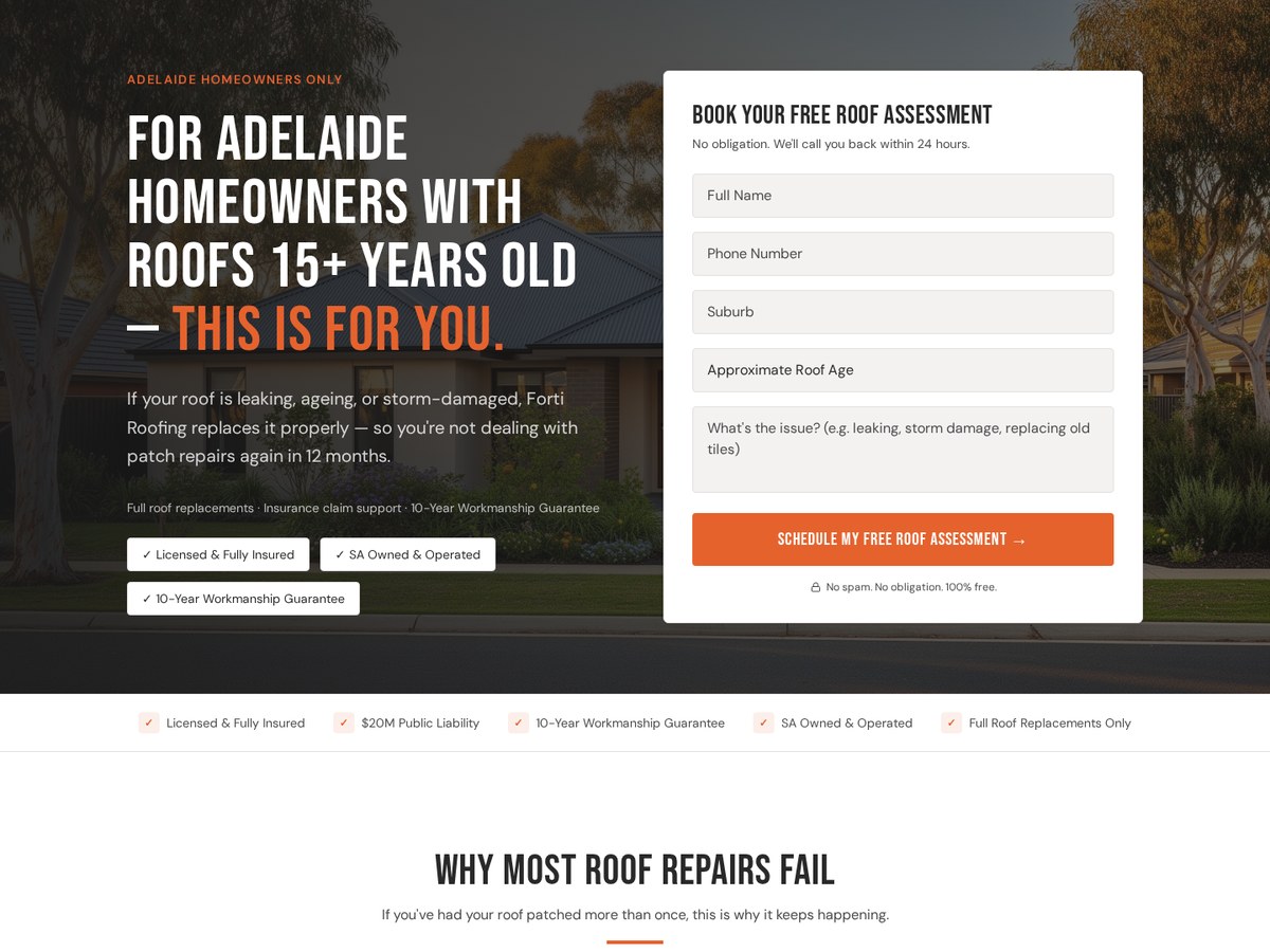 Landing page design for an Adelaide roof replacement company